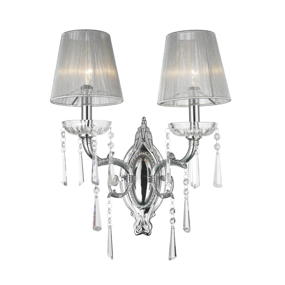 Orleans 2-Light Chrome Finish and Clear Crystal Wall Sconce Light with Gray String Shade 15 in. W x 