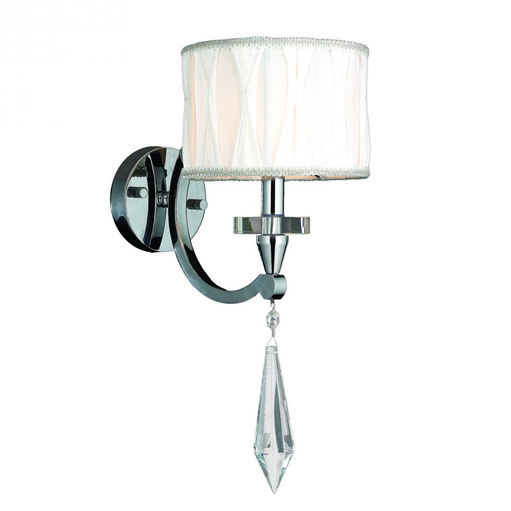Cutlass 1-Light Chrome Finish and Clear Crystal Wall Sconce Light with White Fabric Shade 8 in. W x 