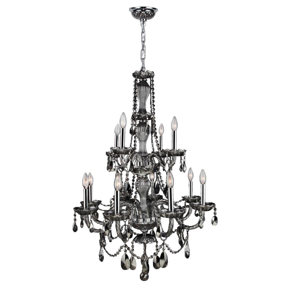 Provence 12-Light Chrome Finish and Smoke Crystal Chandelier 28 in. Dia x 41 in. H Two 2 Tier Large