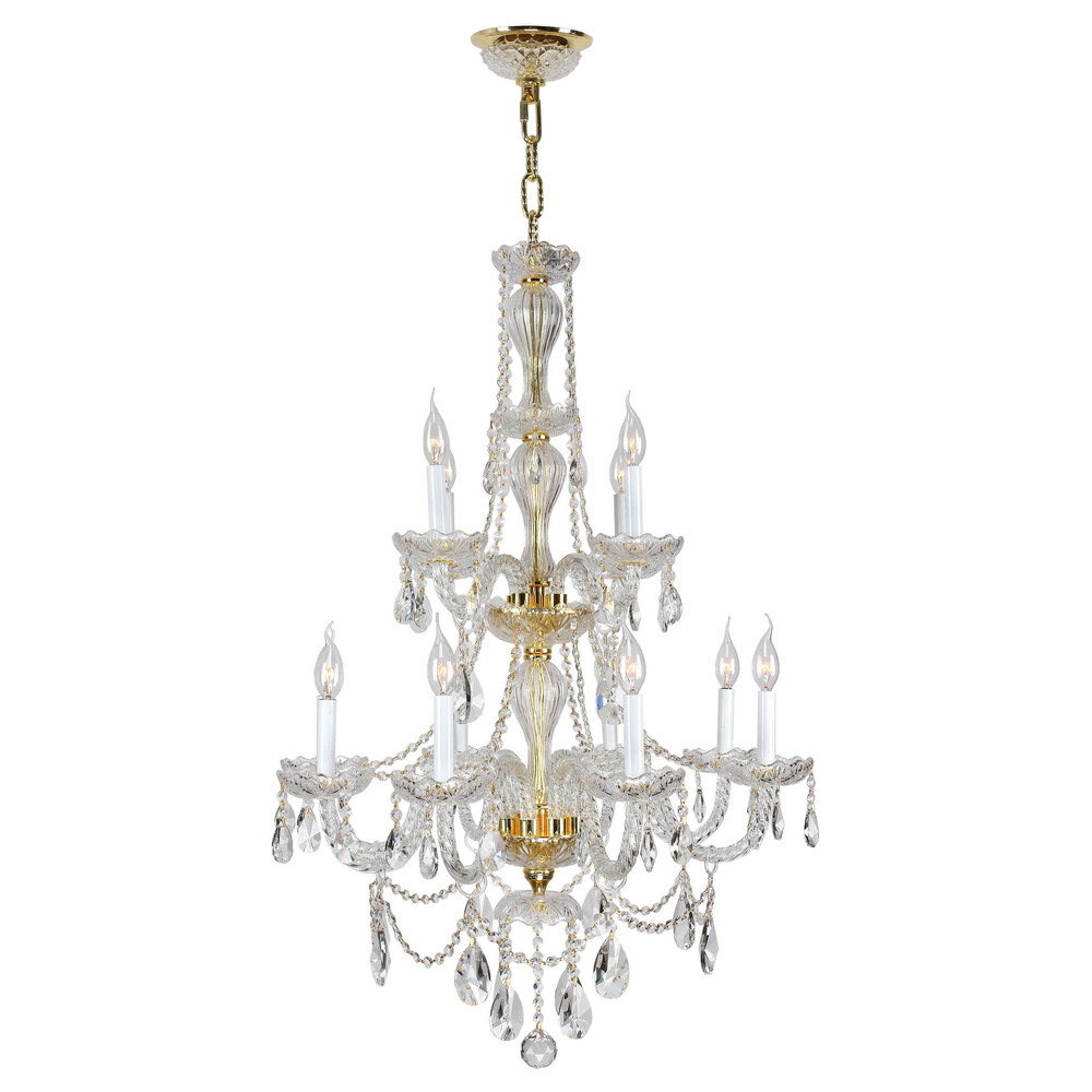 Provence 12-Light Gold Finish and Clear Crystal Chandelier 28 in. Dia x 41 in. H Two 2 Tier Large