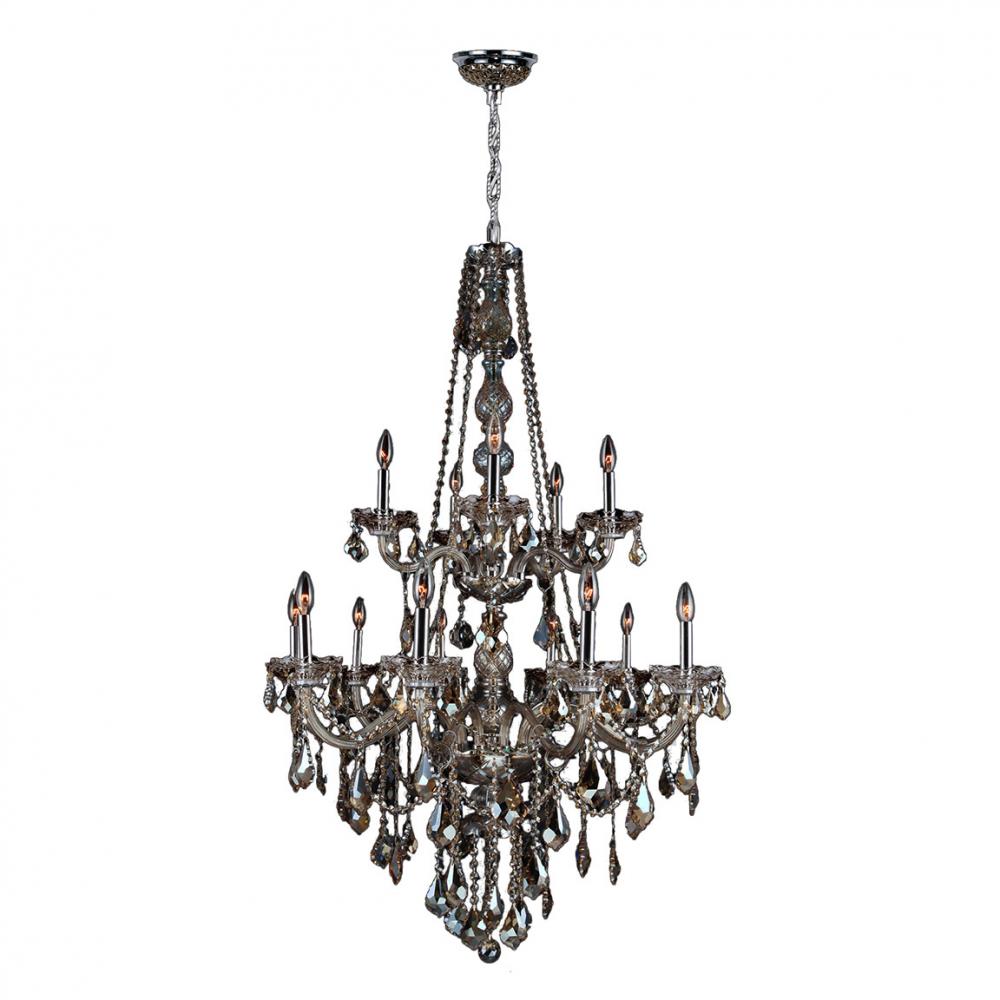 Provence 15-Light Chrome Finish and Golden Teak Crystal Chandelier 33 in. Dia x 52 in. H Two 2 Tier 