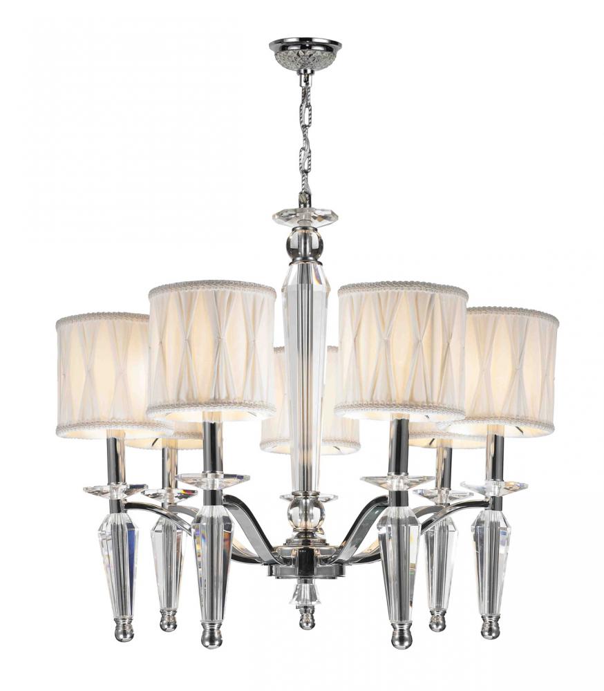 Gatsby 7-Light Chrome Finish and Clear Crystal Chandelier with White Fabric Shade 24 in. Dia x 23 in