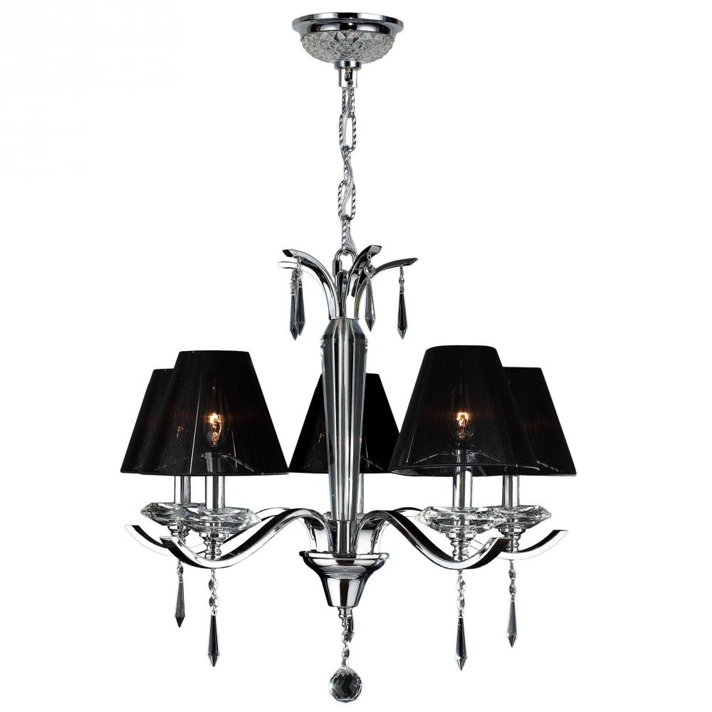 Gatsby 5-Light Arm Chrome Finish and Clear Crystal Chandelier with Black String Empire Shade 25 in. 