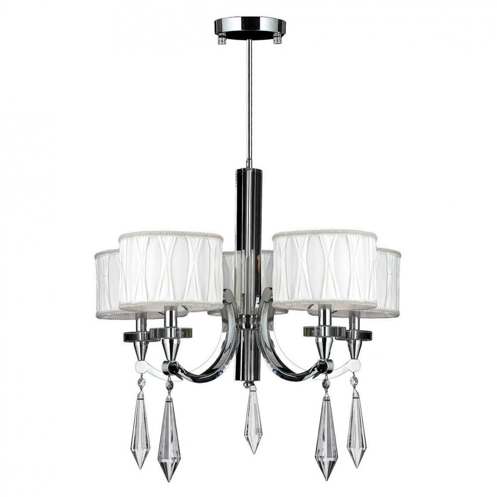 Cutlass 5-Light Arm Chrome Finish and Clear Crystal Chandelier with White Fabric Shade 26 in. Dia x 