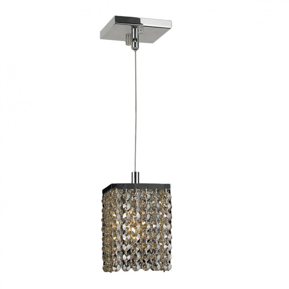 Prism 1-Light Chrome Finish and Golden Teak Crystal Square Mini Pendant 5 in. L x 5 in. W x 8 in. H