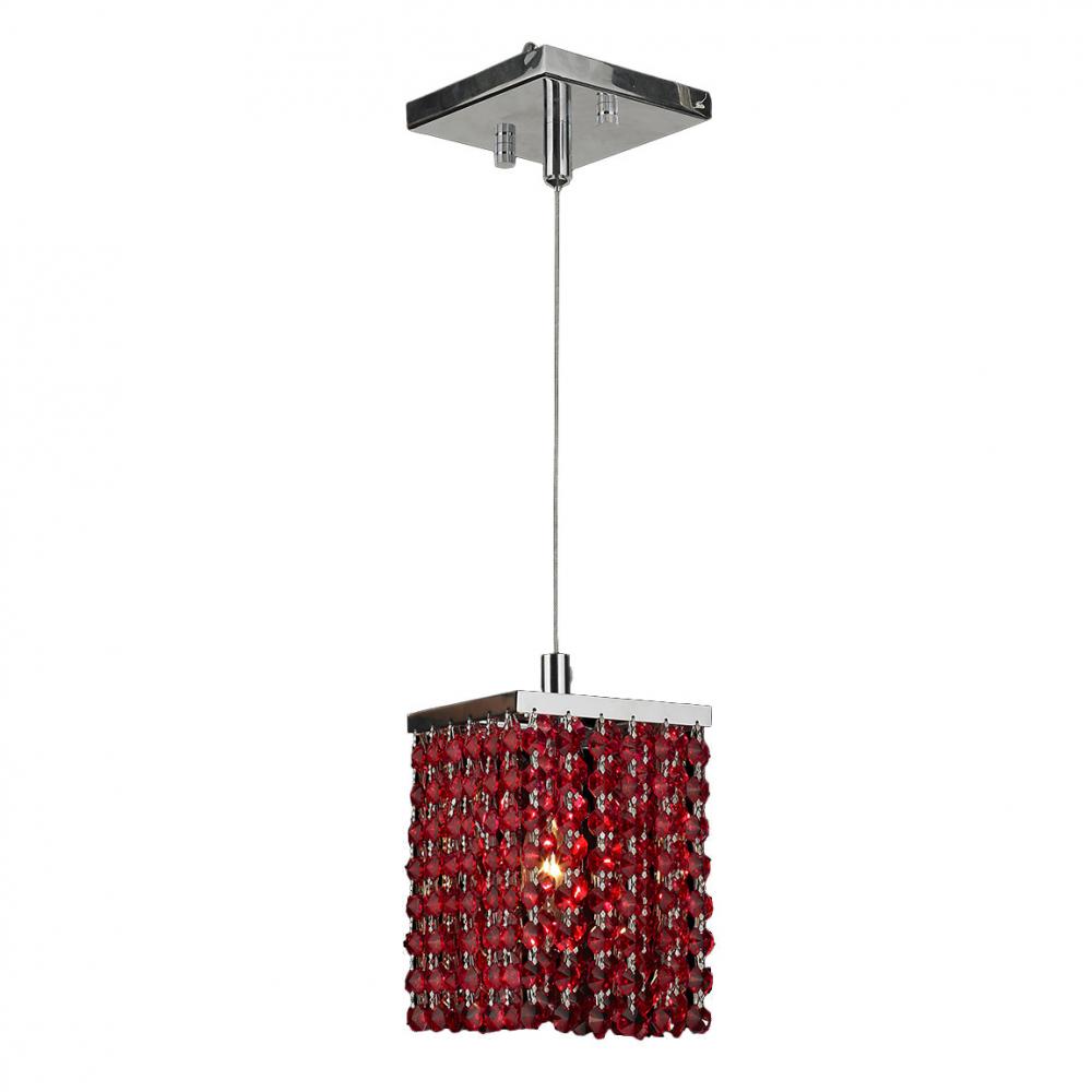 Prism 1-Light Chrome Finish and Red Crystal Square Mini Pendant 5 in. L x 5 in. W x 8 in. H