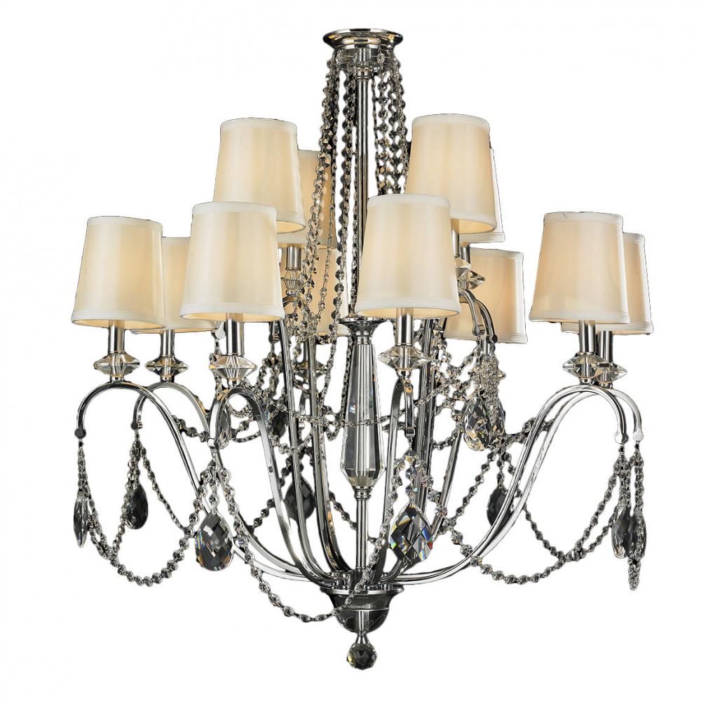 Innsbruck 12-Light Chrome Finish and Clear Crystal with Ivory Silk Shade Chandelier 35 in. Dia x 35 