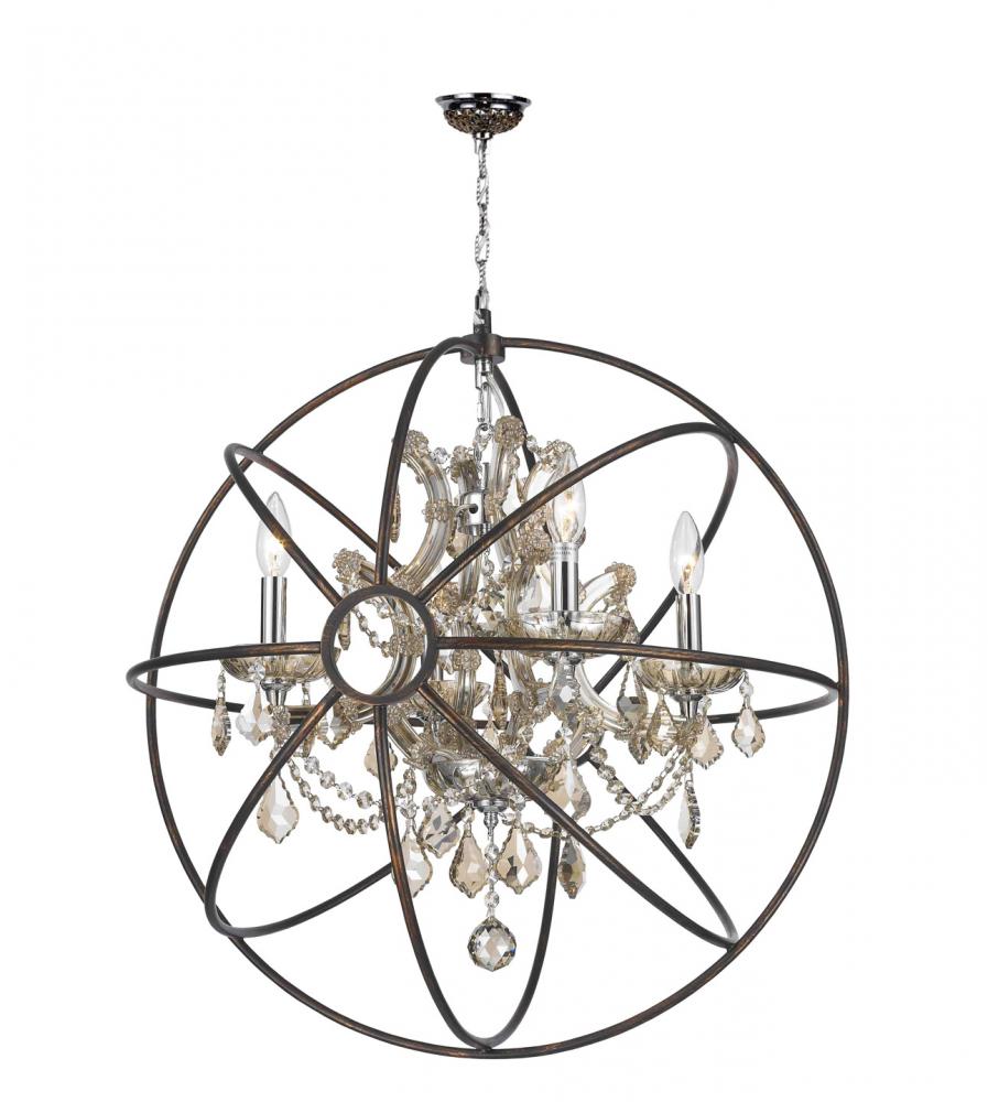 Armillary 4-Light dark Bronze Finish and Golden Teak Crystal Foucault's Orb Chandelier 24 in. Di