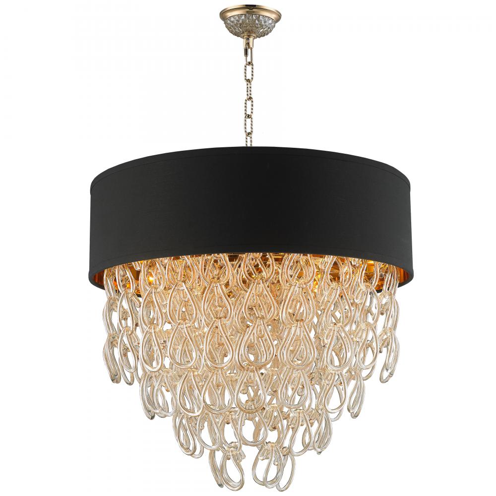 Halo Collection 9 Light Champagne Gold Finish and Golden Teak Crystal with Black Drum Shade Pendant
