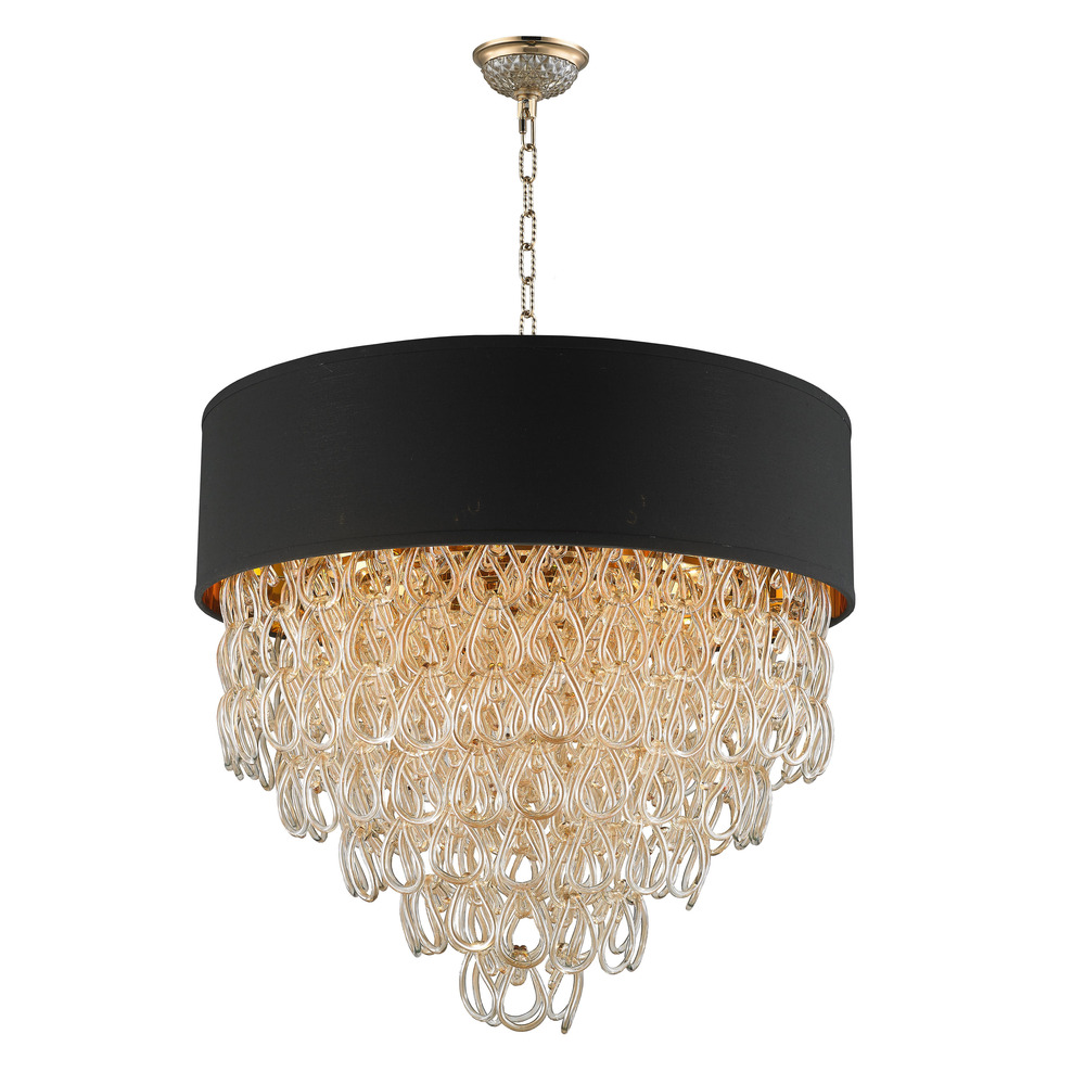 Halo Collection 9 Light Champage Gold Finish and Golden Teak Crystal with Black Drum Shade Pendant D