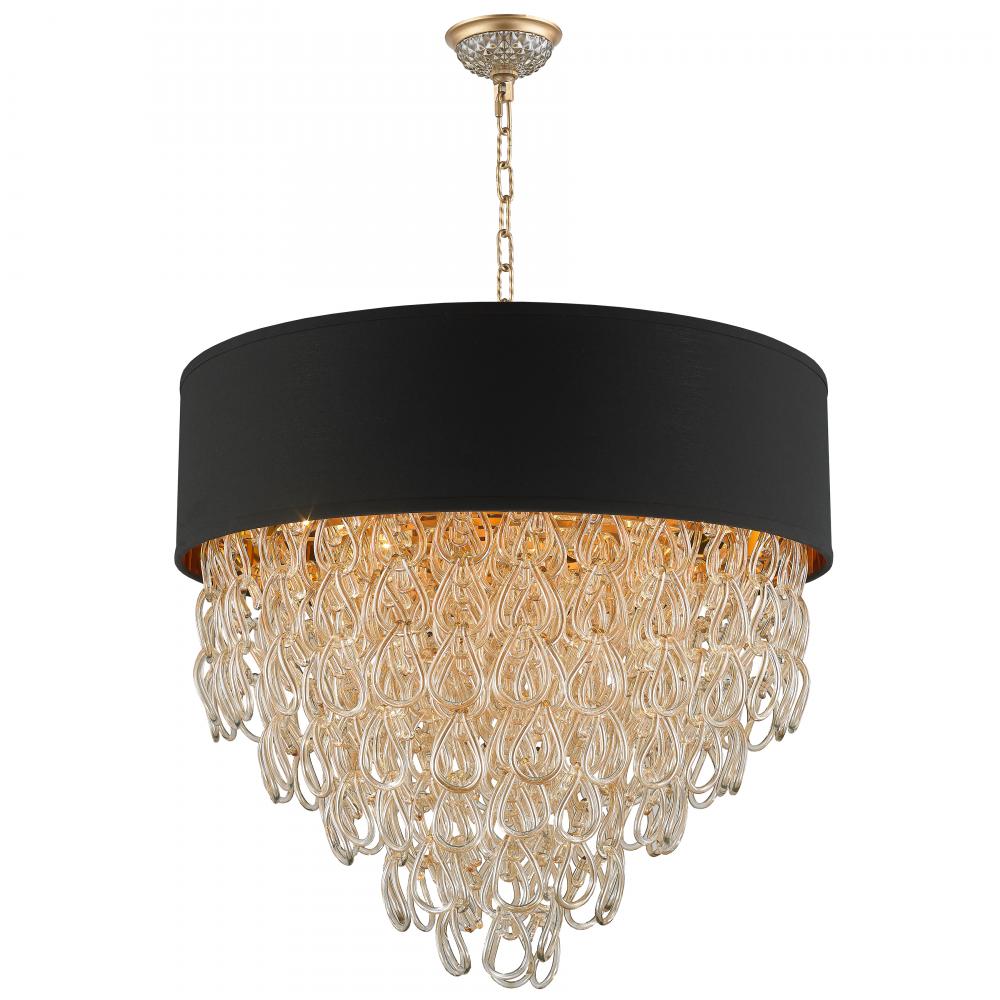 Halo Collection 12 Light Matte Gold Finish and Golden Teak Crystal with Black Drum Shade Pendant D28