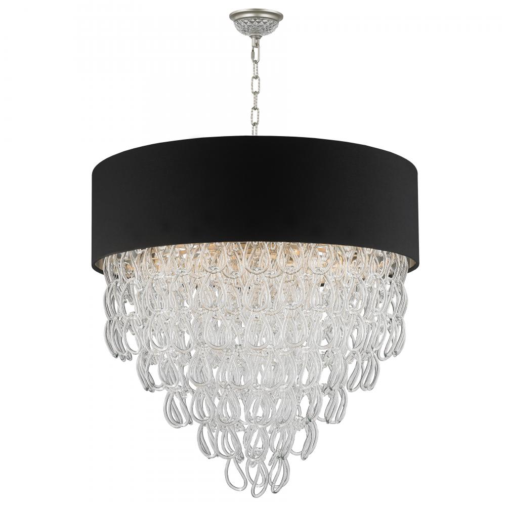 Halo Collection 12 Light Matte Nickel Finish and Clear Crystal with Black Drum Shade Pendant D28"