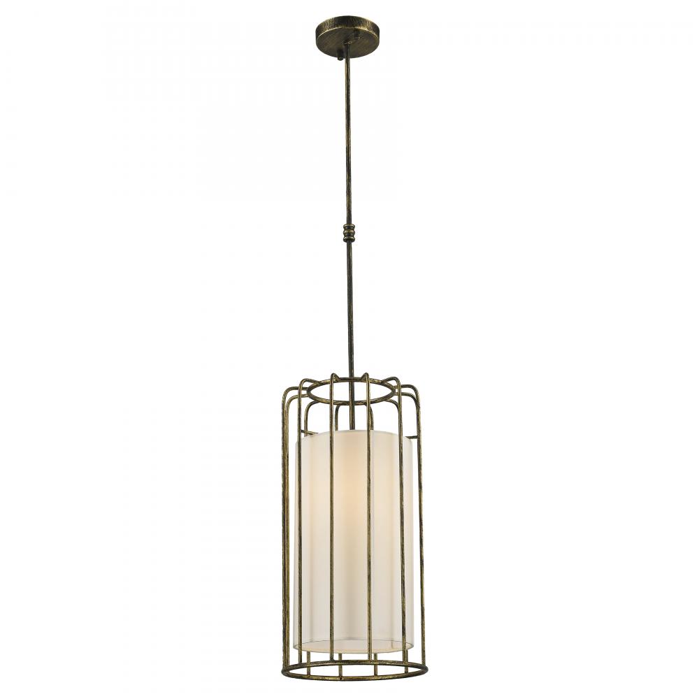 Sprocket 1-Light Metal Cage Pendant Light in Antique Bronze Finish with Ivory Shade 10 in. D x 20 in