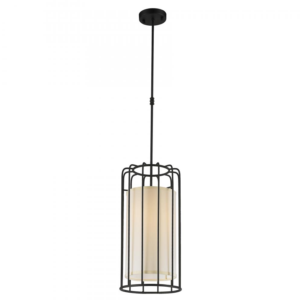 Sprocket 1-Light Metal Cage Pendant Light in Matte Black Finish with Ivory Shade 10 in. Dia x 20 in.