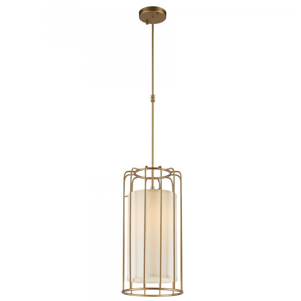 Sprocket 1-Light Metal Cage Pendant Light in Matte Gold Finish with Ivory Shade 10 in. Dia x 20 in. 