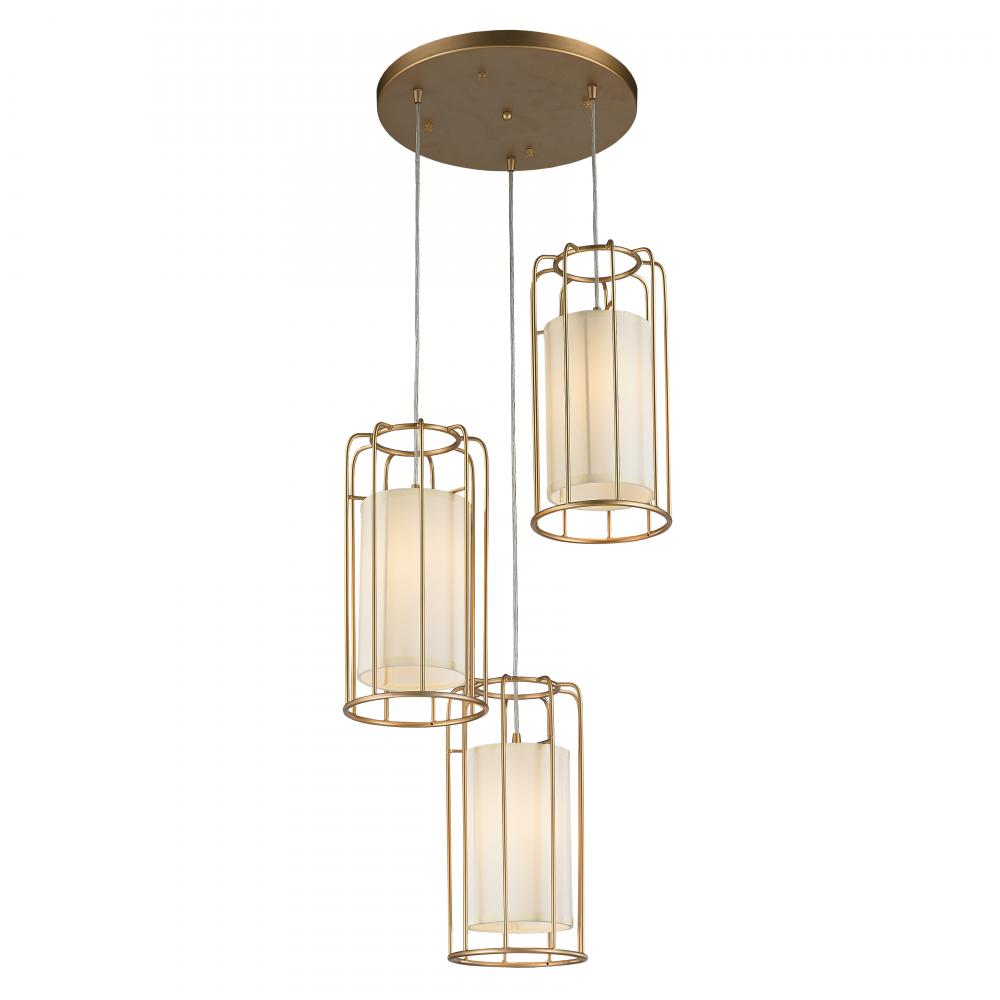 Sprocket 3-Light Metal Cage Kitchen Island Cluster Pendant in Matte Gold Finish with Ivory Shade Fin