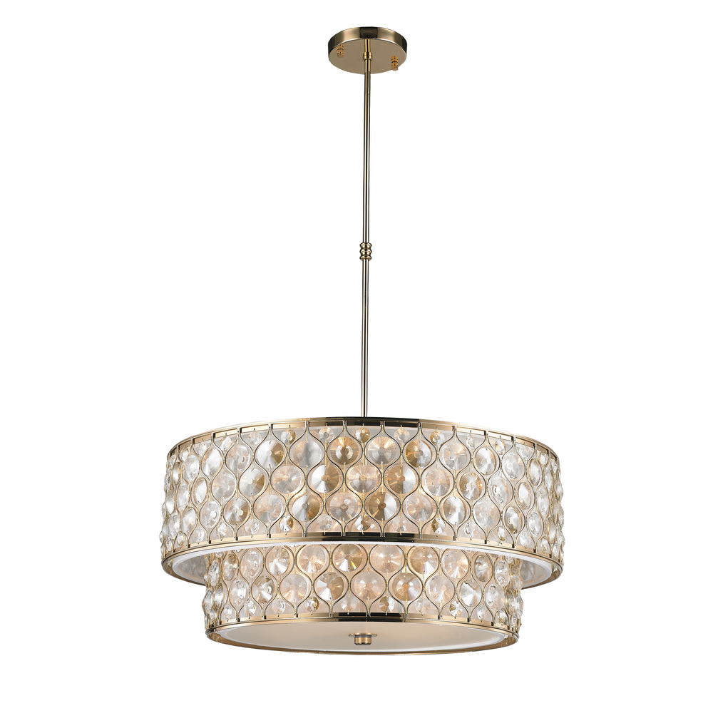 Paris 12-Light Champagne Gold Finish with Clear and Golden Teak Crystal drum Two 2 Tier Pendant Ligh