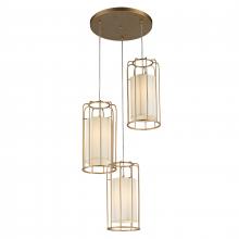Worldwide Lighting Corp W83291MG20 - Sprocket 3-Light Metal Cage Kitchen Island Cluster Pendant in Matte Gold Finish with Ivory Shade Fin
