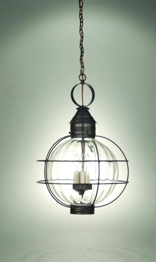 Caged Round Hanging Dark Antique Brass 3 Candelabra Sockets Optic Glass